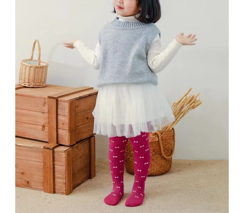 Girls' Bow-Tie Jacquard Cotton Tights reference image