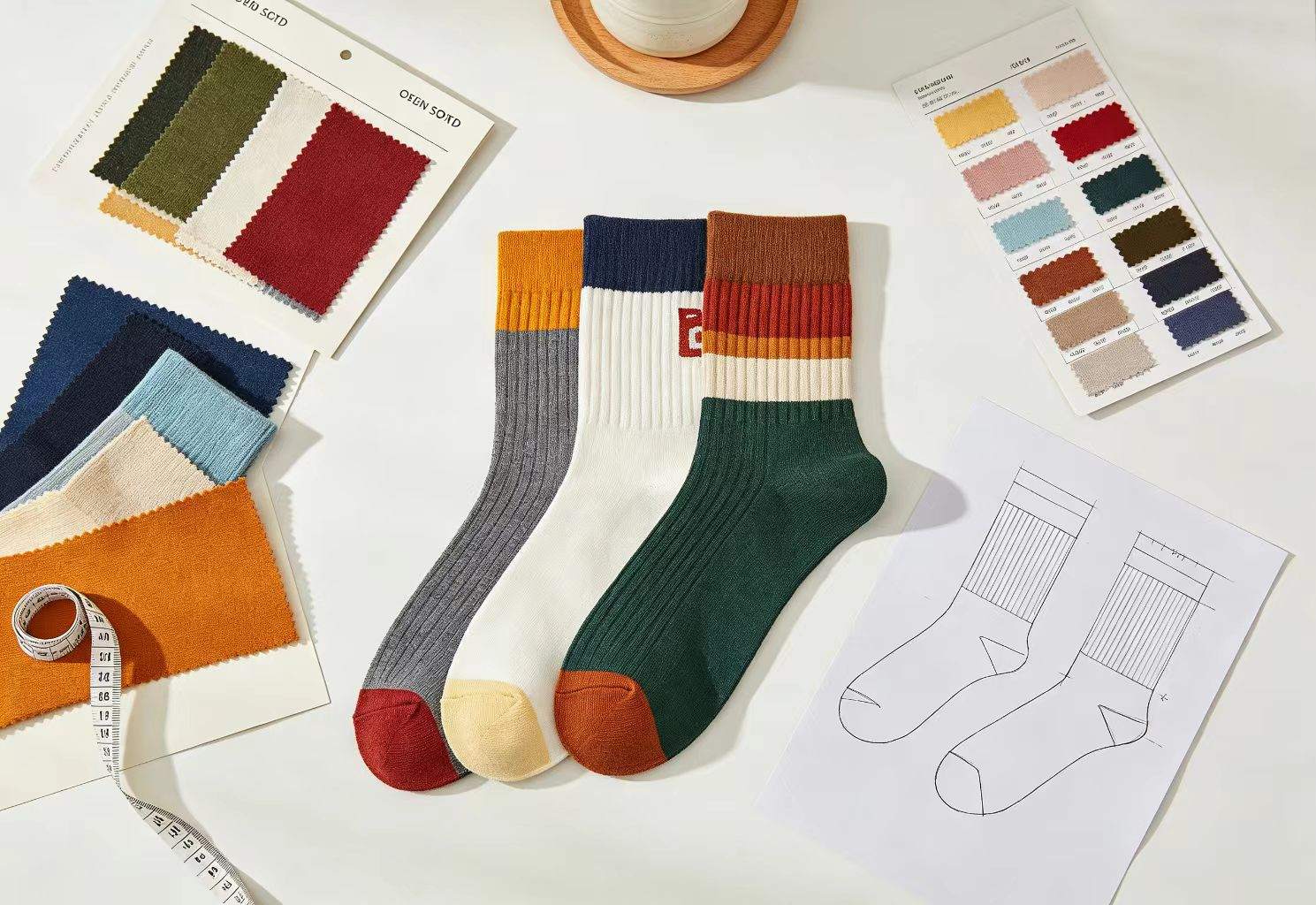 Custom sock development with yarn swatches and design drawings